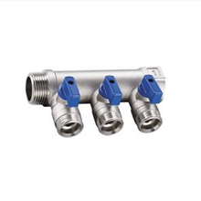 this is an  image Brass Manifold 3 Port Blue Handle Ball Valves 1" - 3/4" | RIIFO | Underfloor Heating 1" - 3/4"