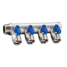 this is an  image Brass Manifold 4 Port Blue Handle Ball Valves 1" - 3/4" | RIIFO | Underfloor Heating 1" - 3/4"