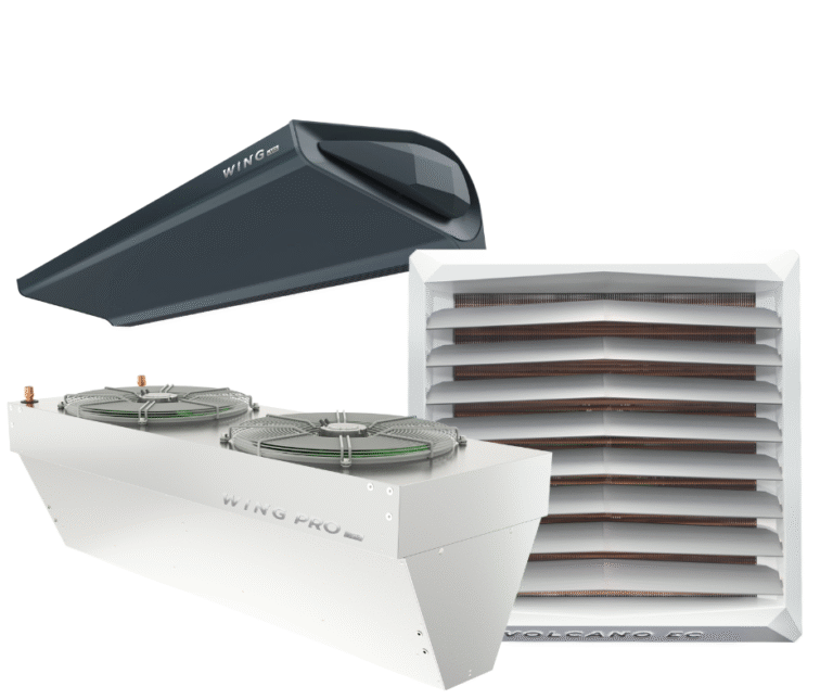 Volcano., Wing and Wing pro all in one image with the text saying water to air heater & air curtain sizing tool